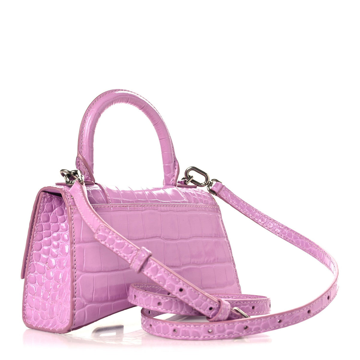 Shiny Calfskin Crocodile Embossed Hourglass Top Handle Bag XS Lilac