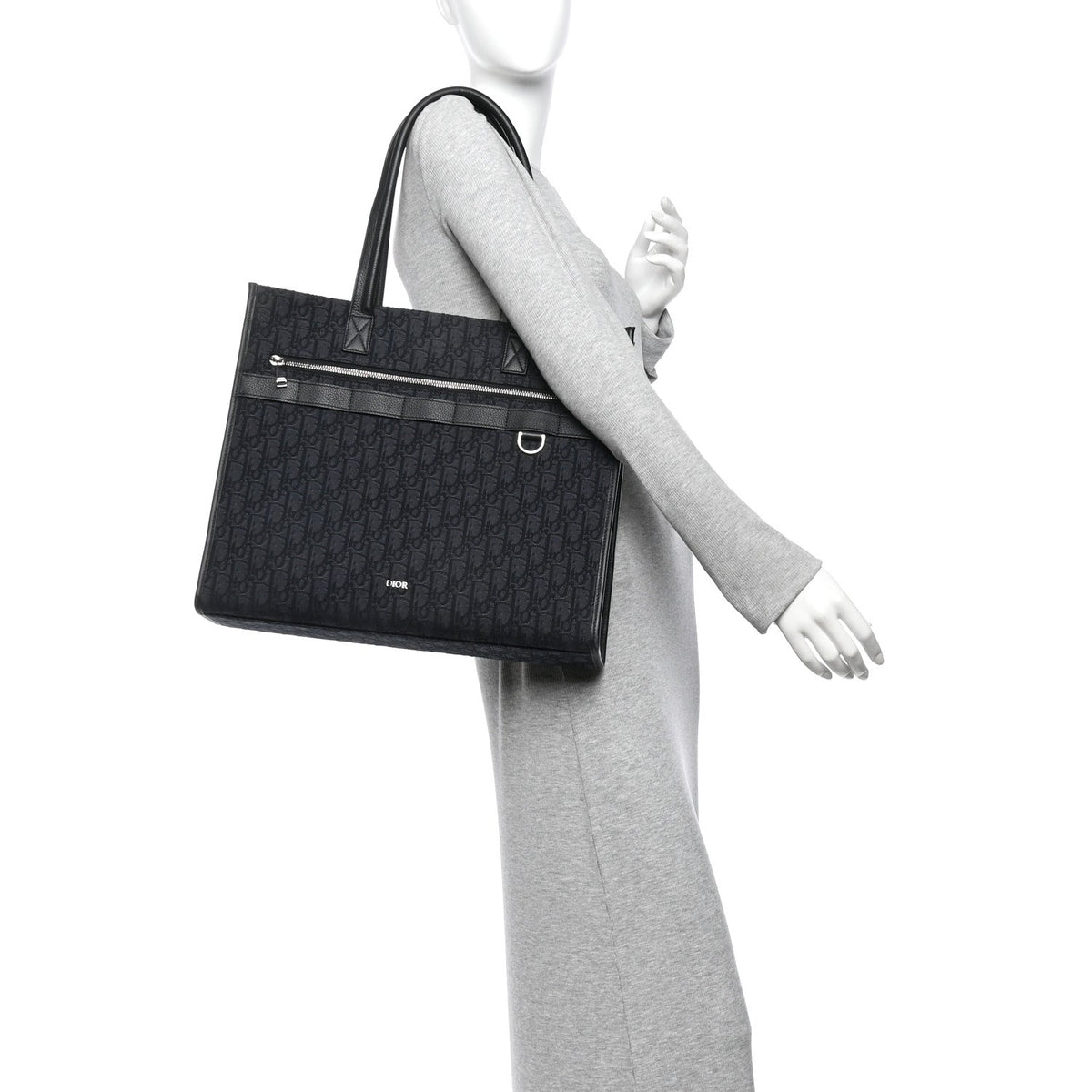 Grained Calfskin Oblique Jacquard Safari Tote  Black