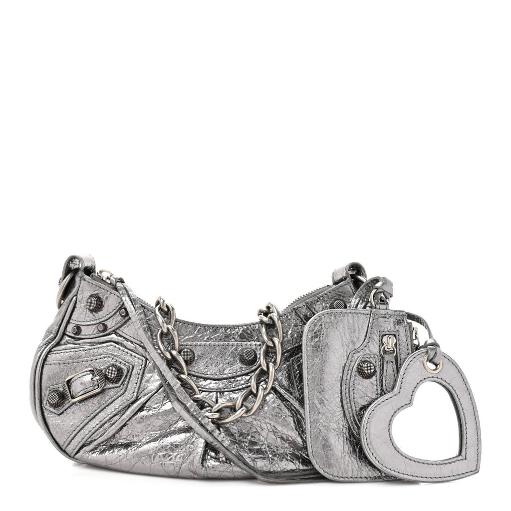 Metallic Agneau Arena Le Cagole Chain Shoulder Bag XS Silver