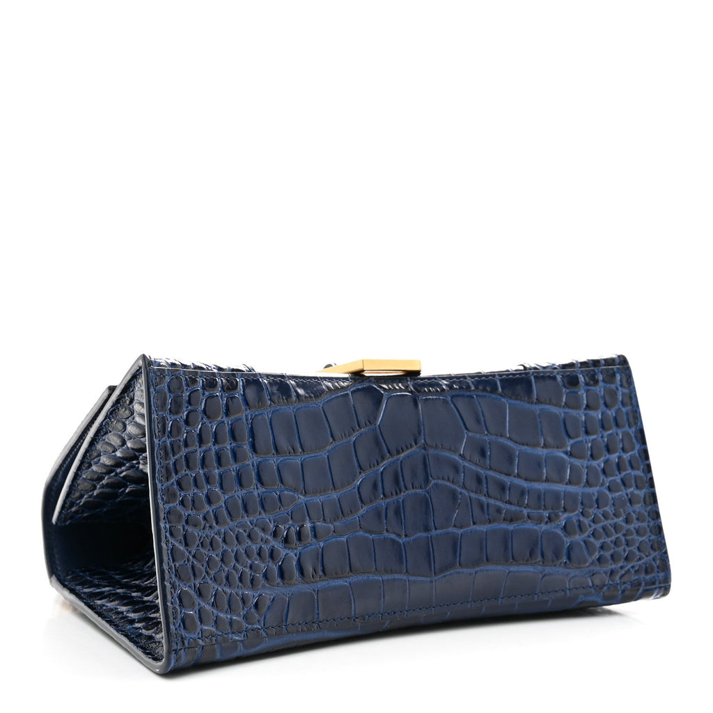 Shiny Calfskin Crocodile Embossed Small Hourglass Top Handle Bag Navy