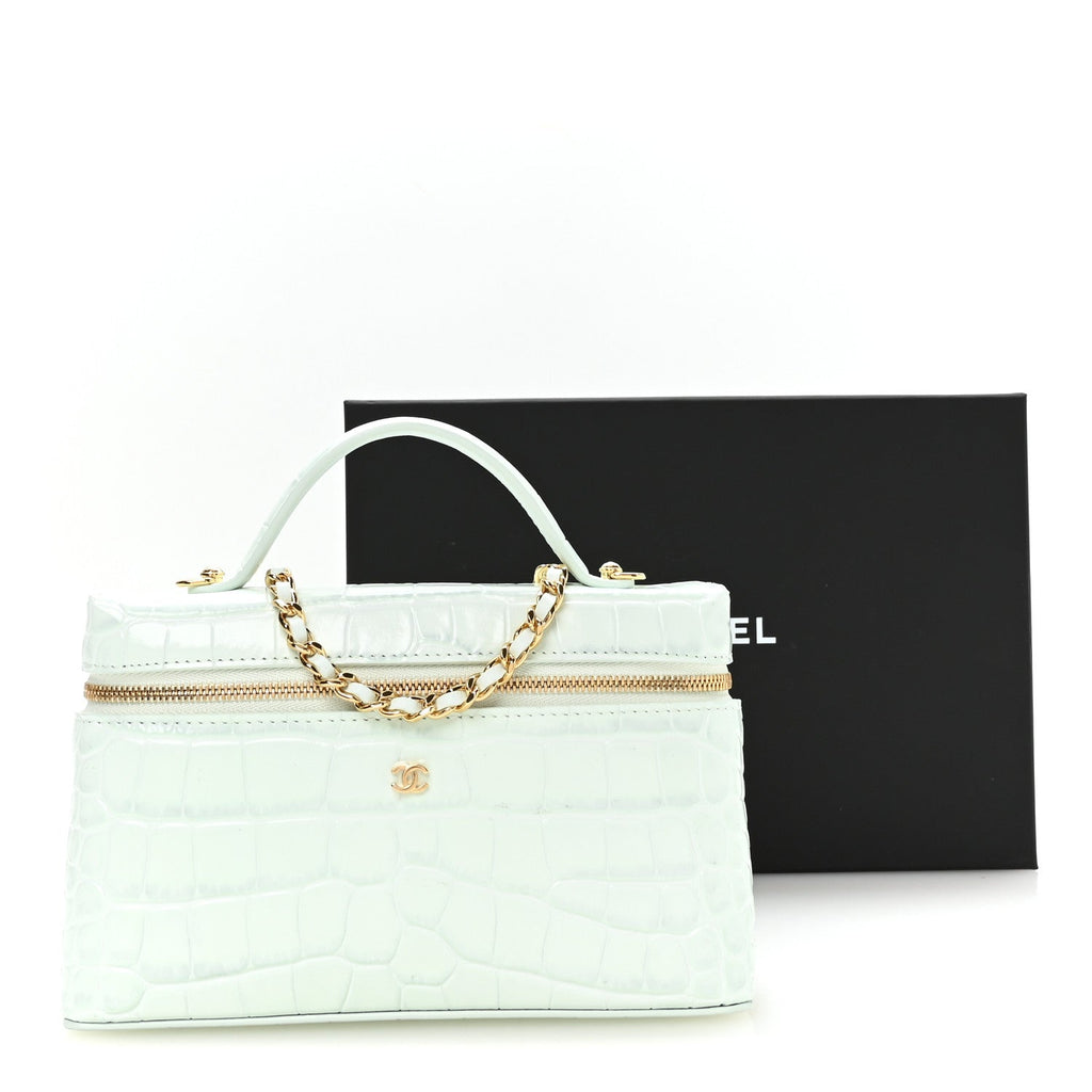 Calfskin Crocodile Embossed Crococo Top Handle Slim Vanity Case With Chain Light Blue