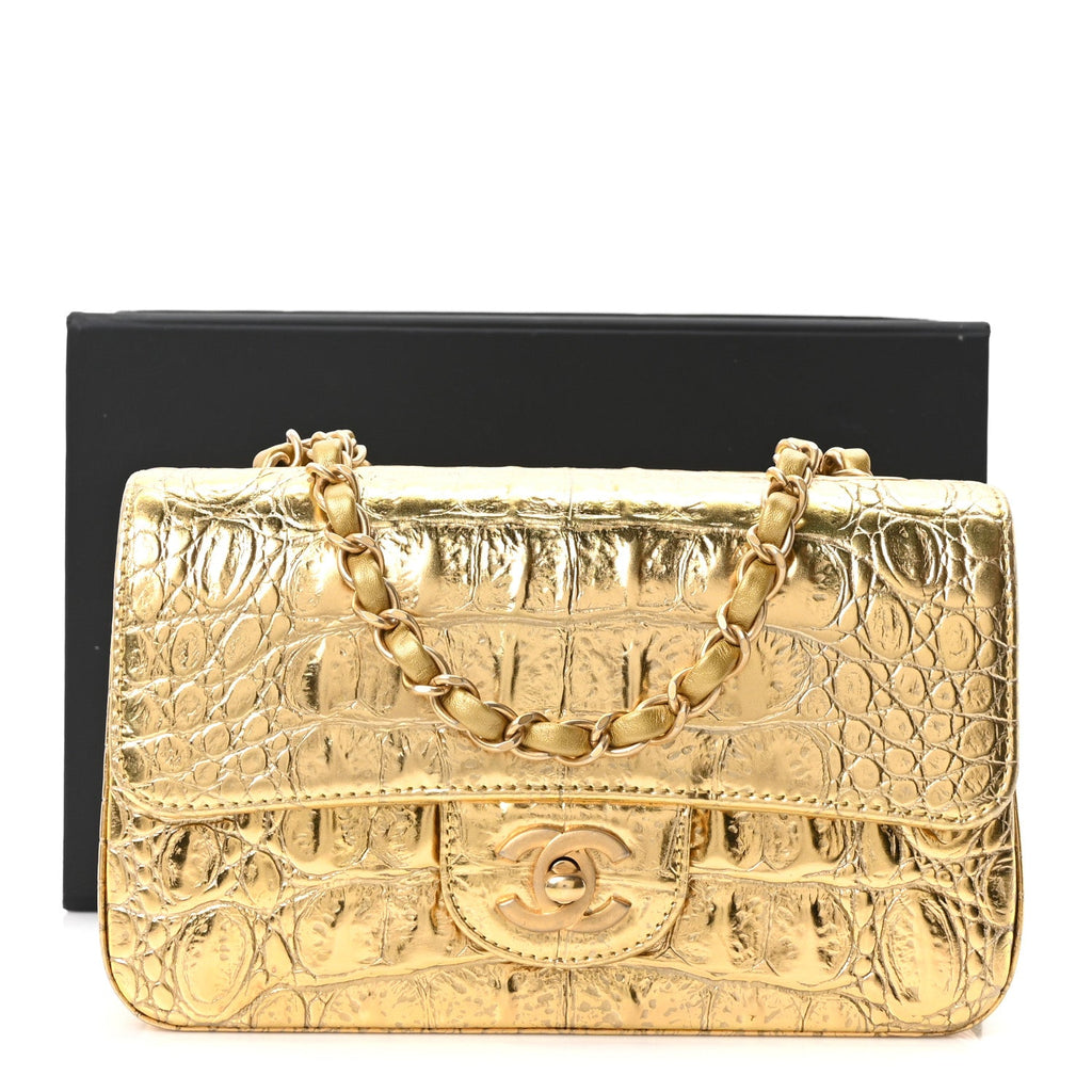Metallic Calfskin Crocodile Embossed Cocodile Rectangular Mini Flap Gold