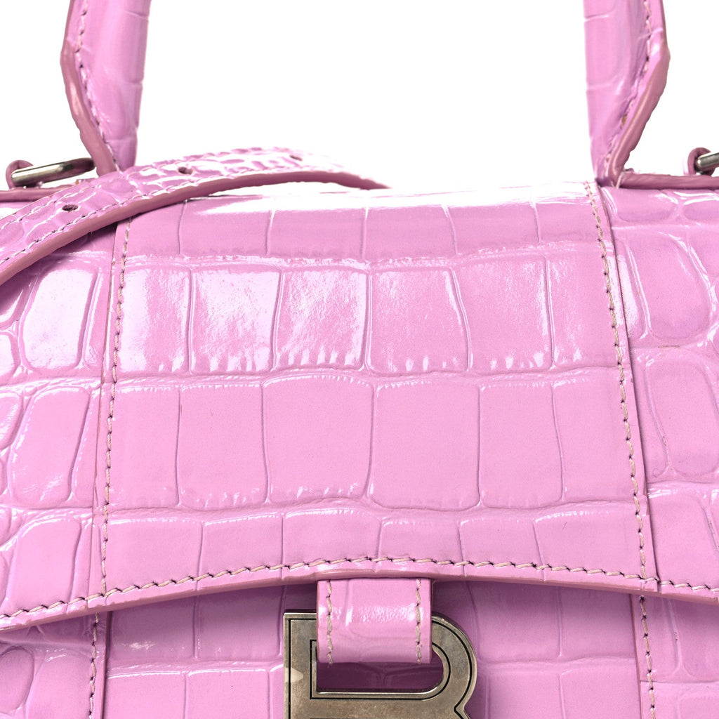 Shiny Calfskin Crocodile Embossed Hourglass Top Handle Bag XS Lilac