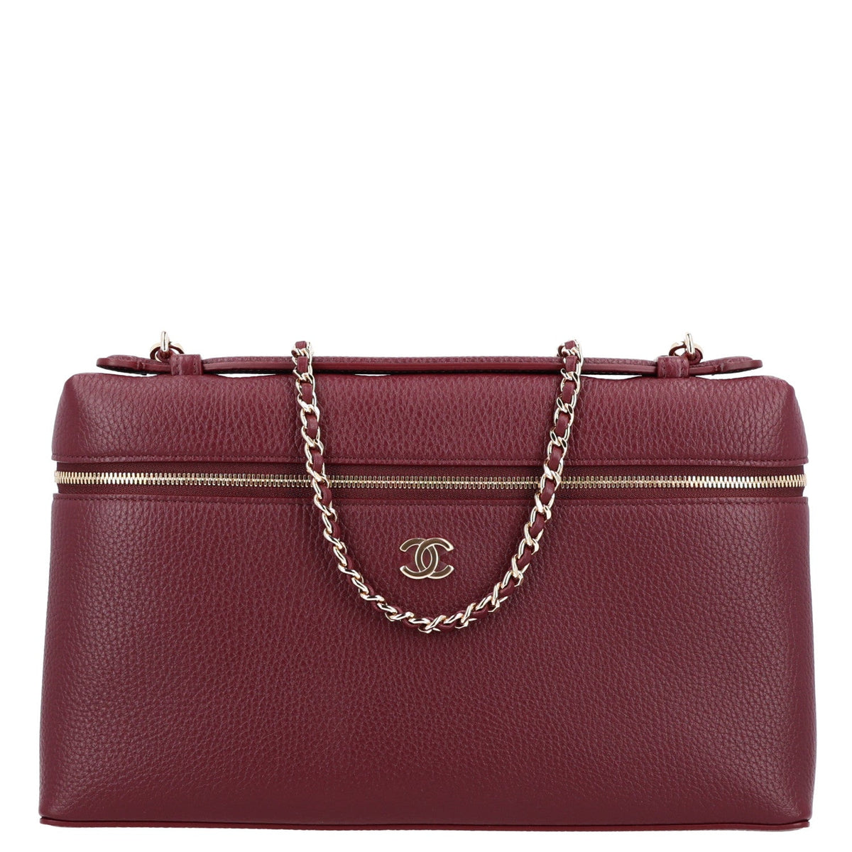 Grained Calfskin Large Supple Trapeze Vanity Case With Chain Dark Burgundy