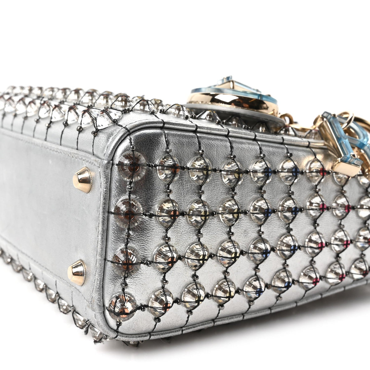 Metallic Calfskin Satin Celestial Bead Embroidery Cannage Mini Lady Dior Silver