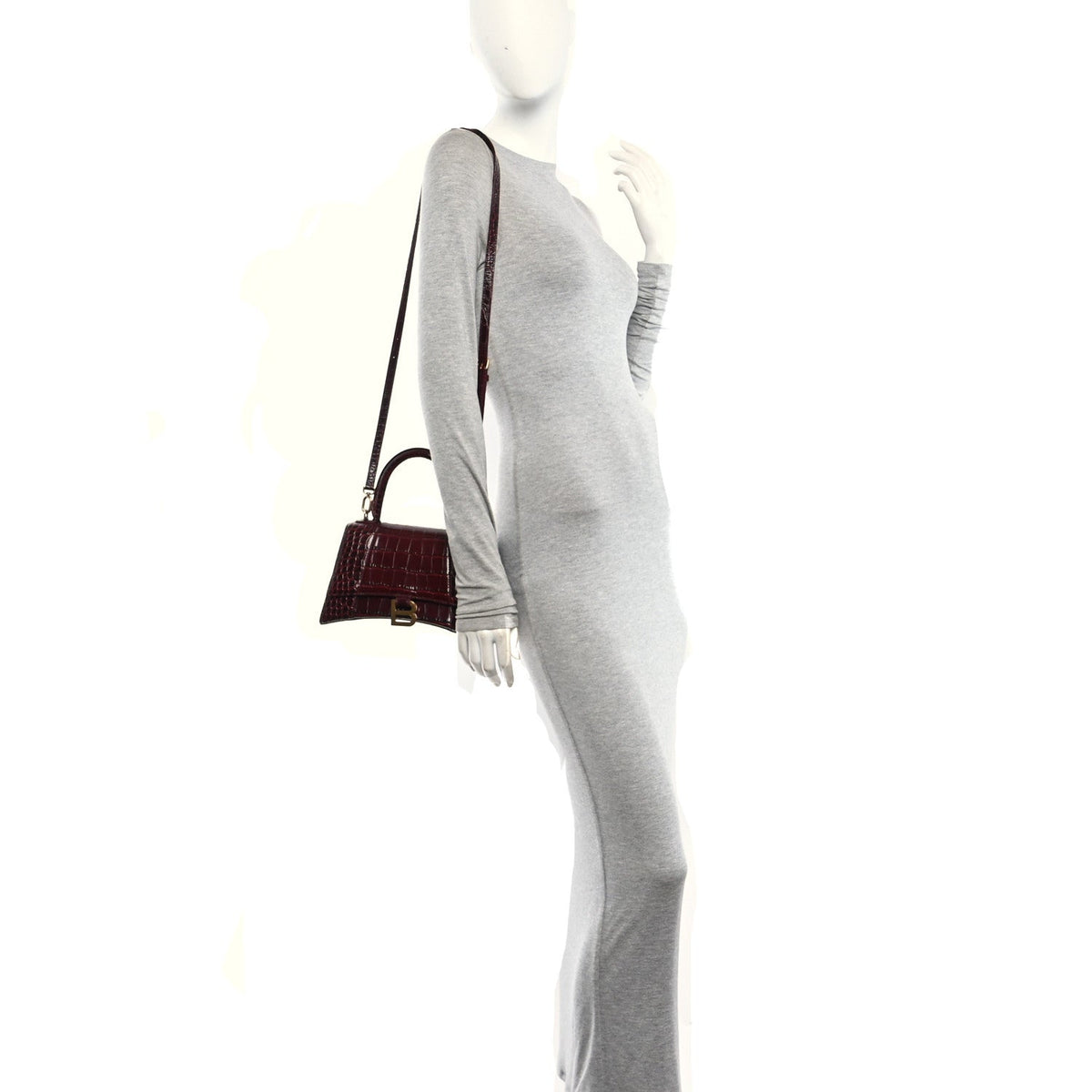 Shiny Calfskin Crocodile Embossed Small Hourglass Top Handle Bag Dark Red