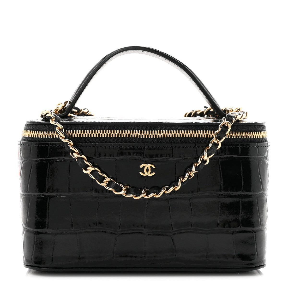 Calfskin Crocodile Embossed Crococo Small Top Handle Vanity Case With Chain Black