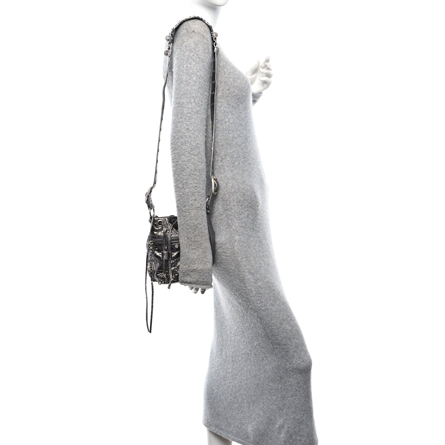 Metallic Agneau Arena Crystal Le Cagole Bucket Bag XS Silver