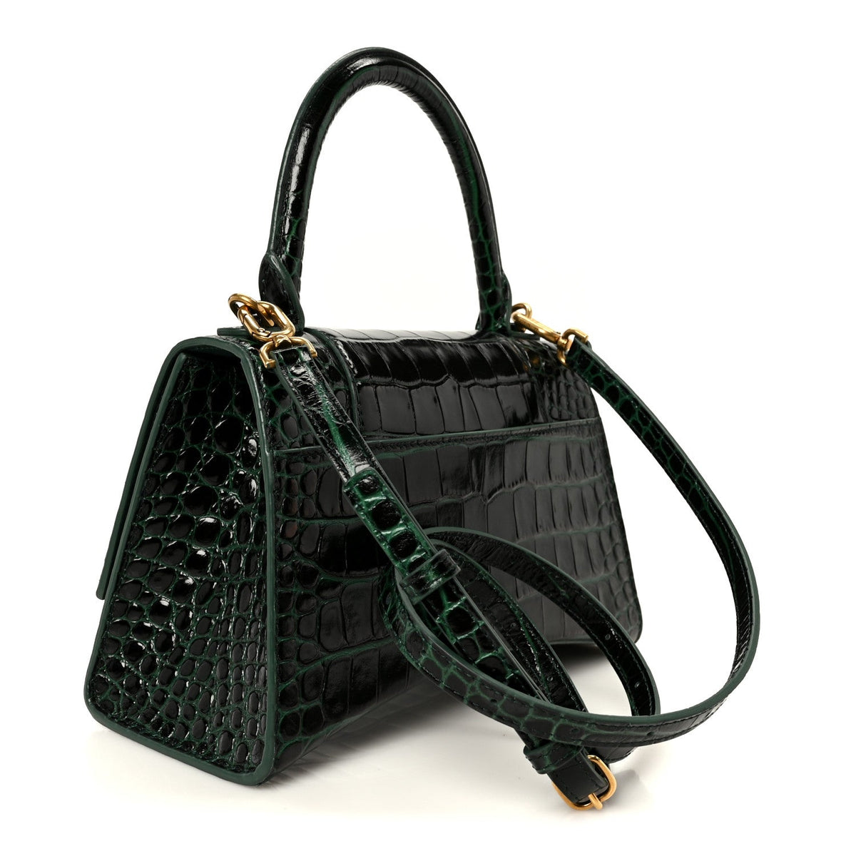 Shiny Calfskin Crocodile Embossed Small Hourglass Top Handle Bag Forest Green