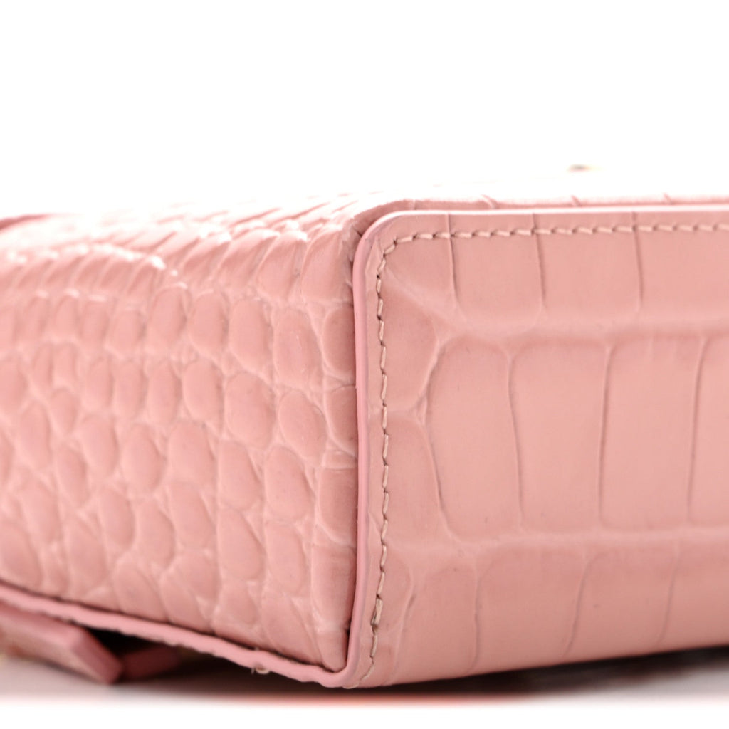 Calfskin Crocodile Embossed Crococo Top Handle Slim Vanity Case With Chain Light Pink