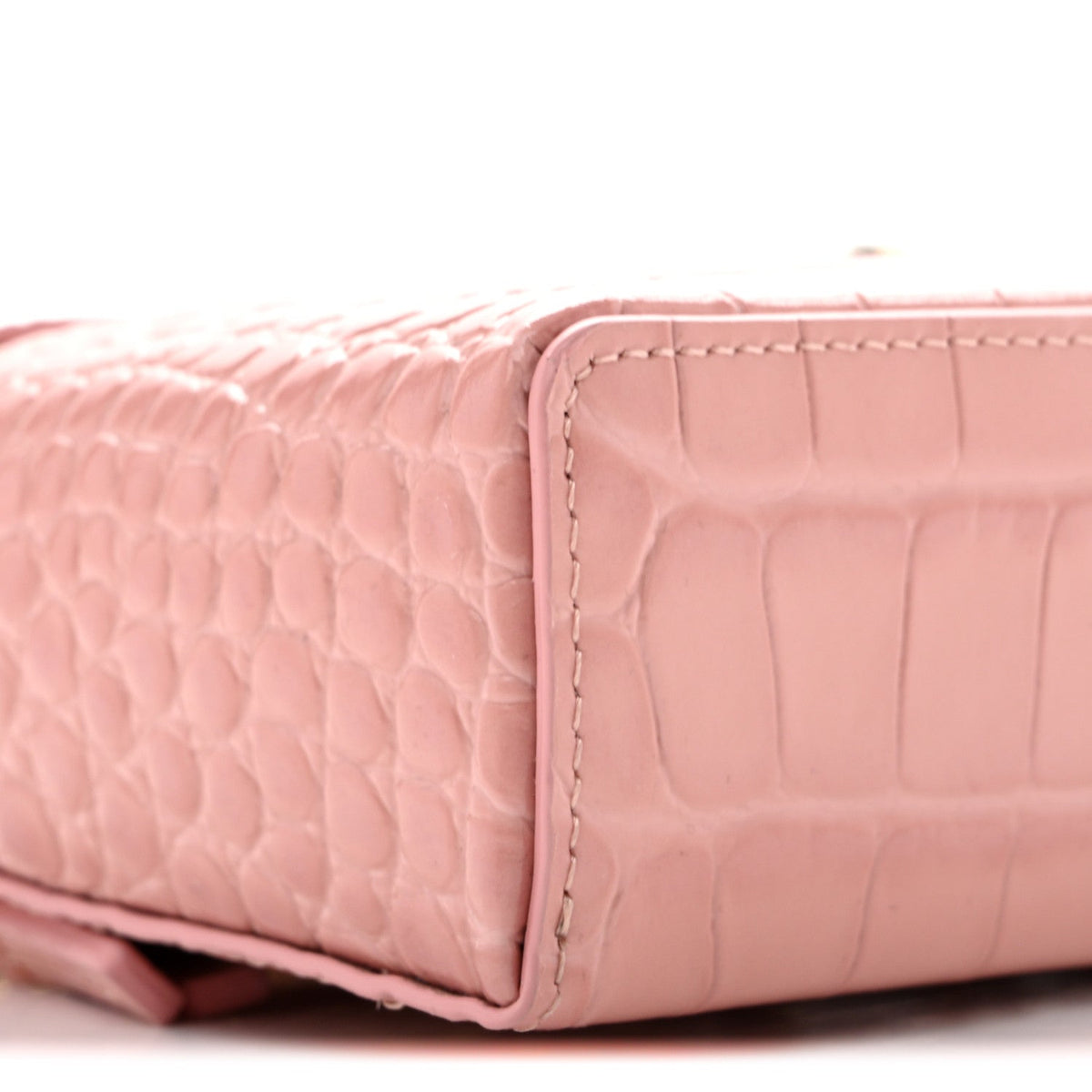 Calfskin Crocodile Embossed Crococo Top Handle Slim Vanity Case With Chain Light Pink