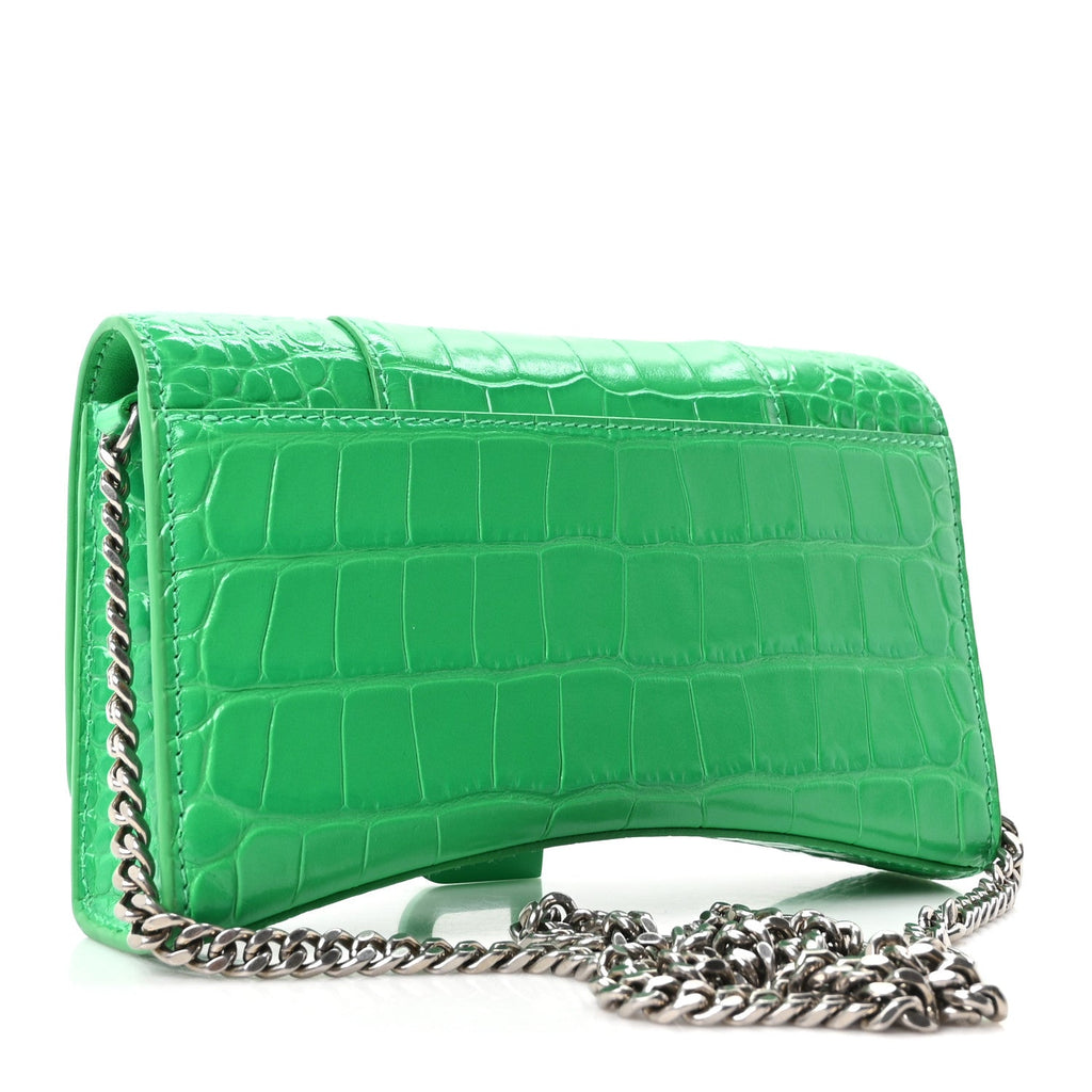 Shiny Calfskin Crocodile Embossed Hourglass Chain Bag Vivid Green