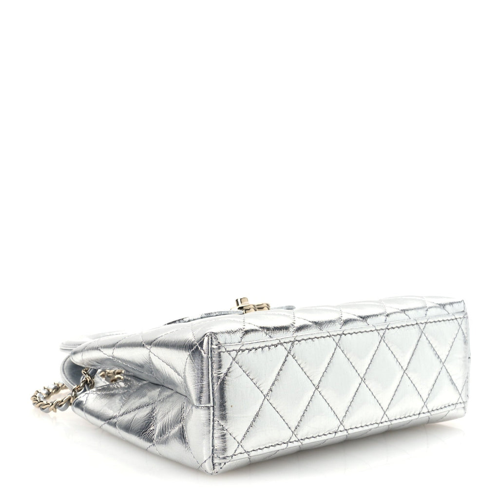 Metallic Aged Calfskin Quilted Nano Kelly Shopper Silvery