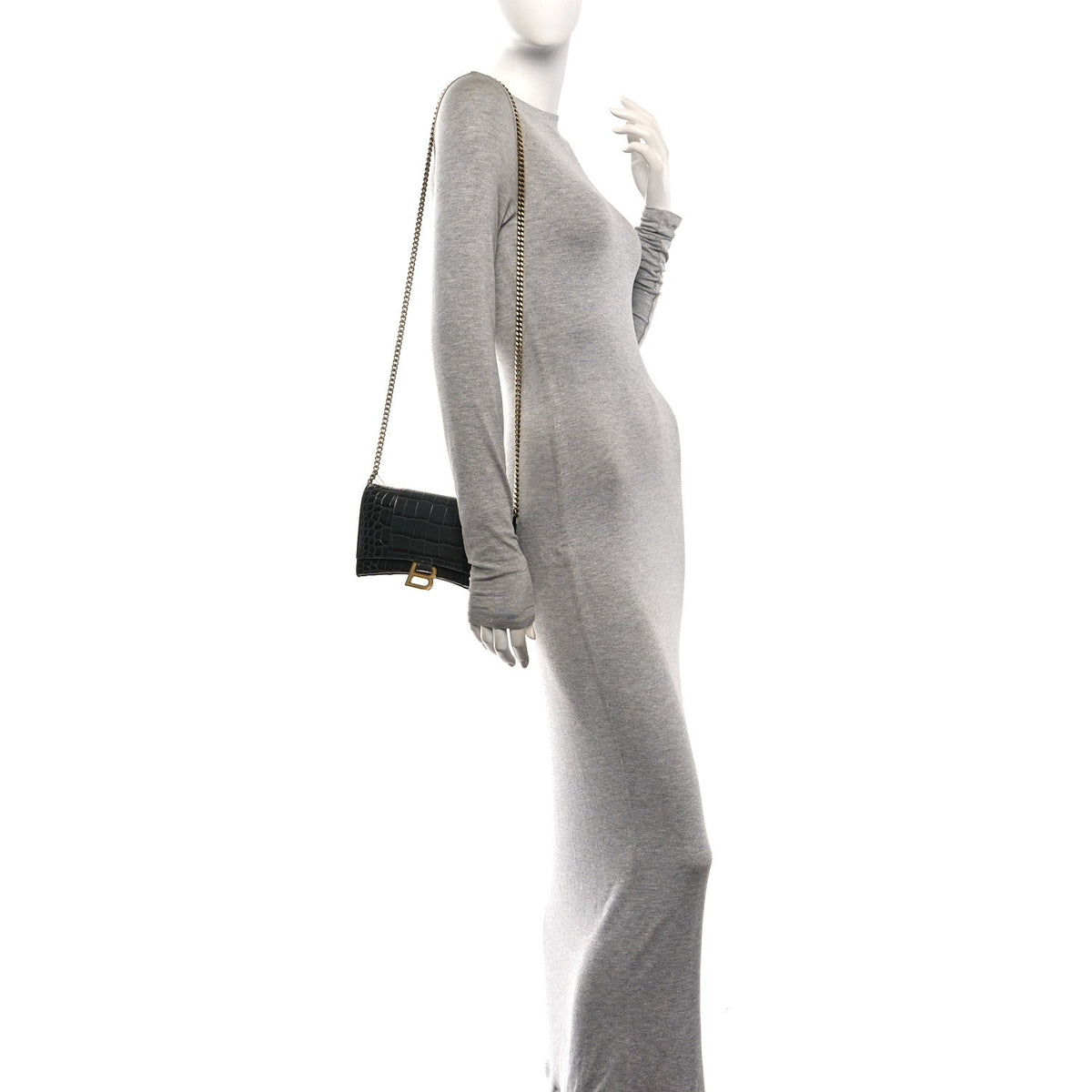 Shiny Calfskin Crocodile Embossed Hourglass Chain Bag Gris