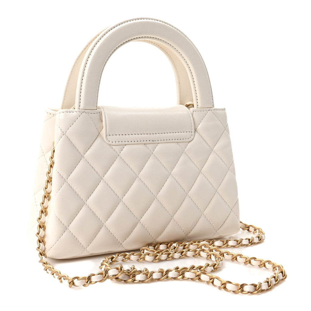 Shiny Aged Calfskin Quilted Nano Kelly Shopper White