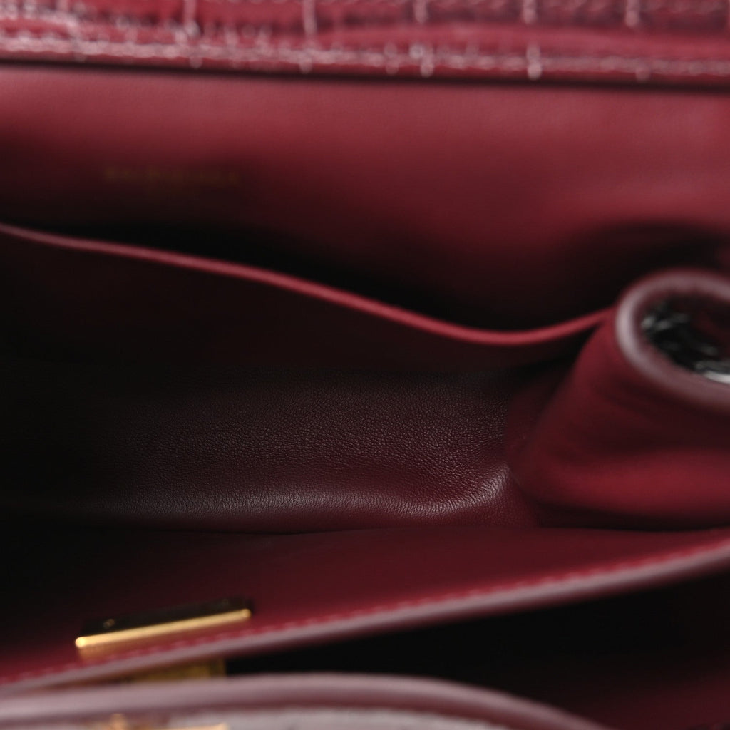 Shiny Calfskin Crocodile Embossed Mini Rodeo Top Handle Handbag Dark Burgundy