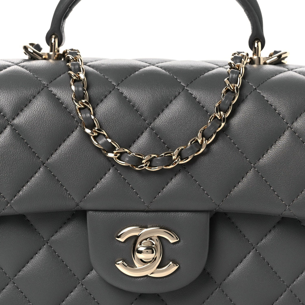 Lambskin Quilted Mini Top Handle Rectangular Flap Dark Grey