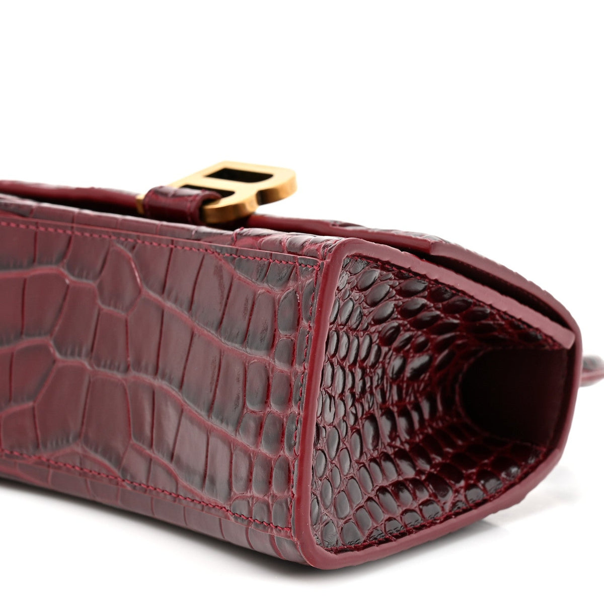 Shiny Calfskin Crocodile Embossed Hourglass Top Handle Bag XS Dark Red