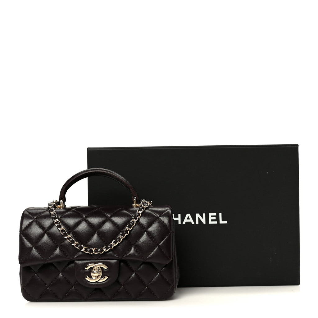 Lambskin Quilted Mini Top Handle Rectangular Flap Dark Brown