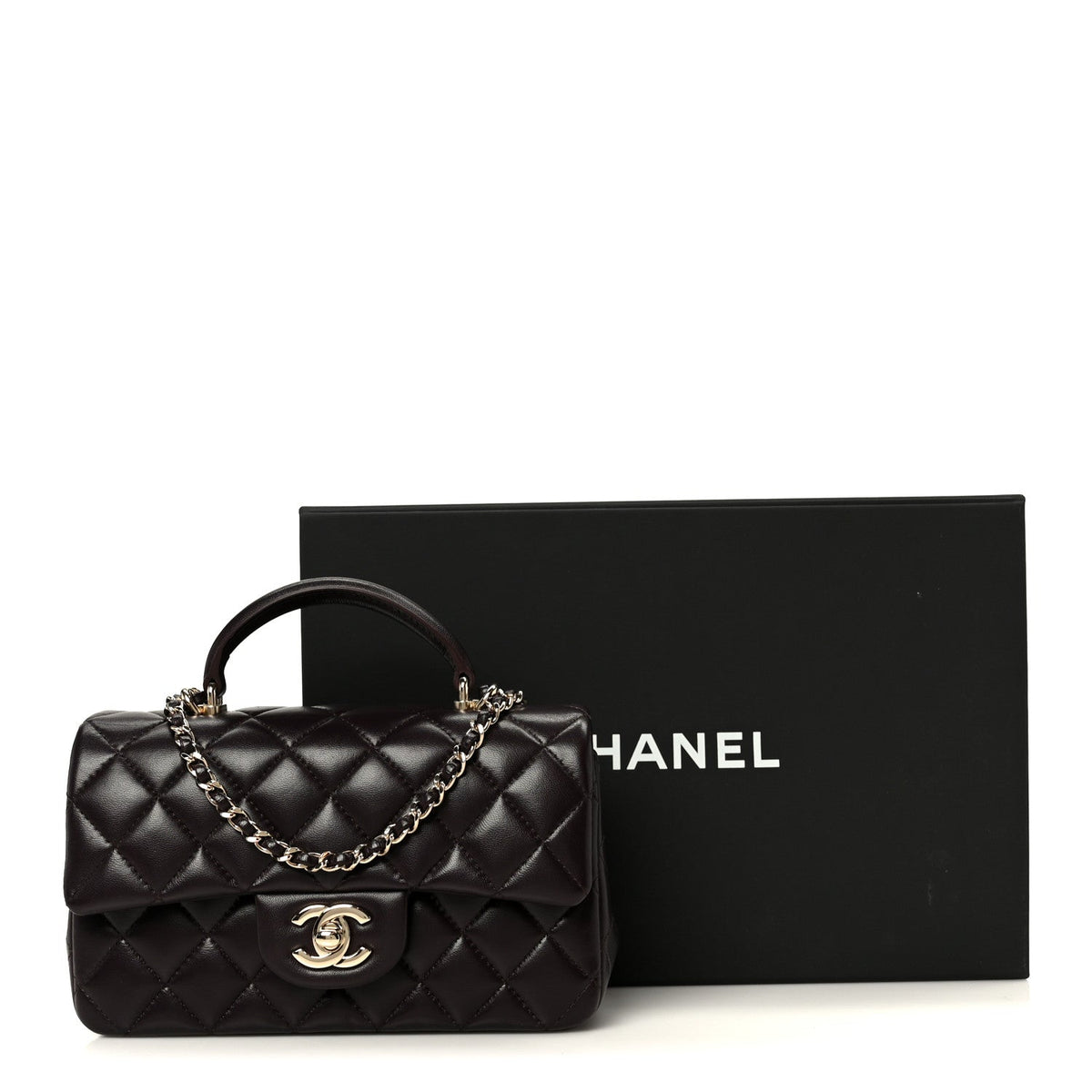 Lambskin Quilted Mini Top Handle Rectangular Flap Dark Brown