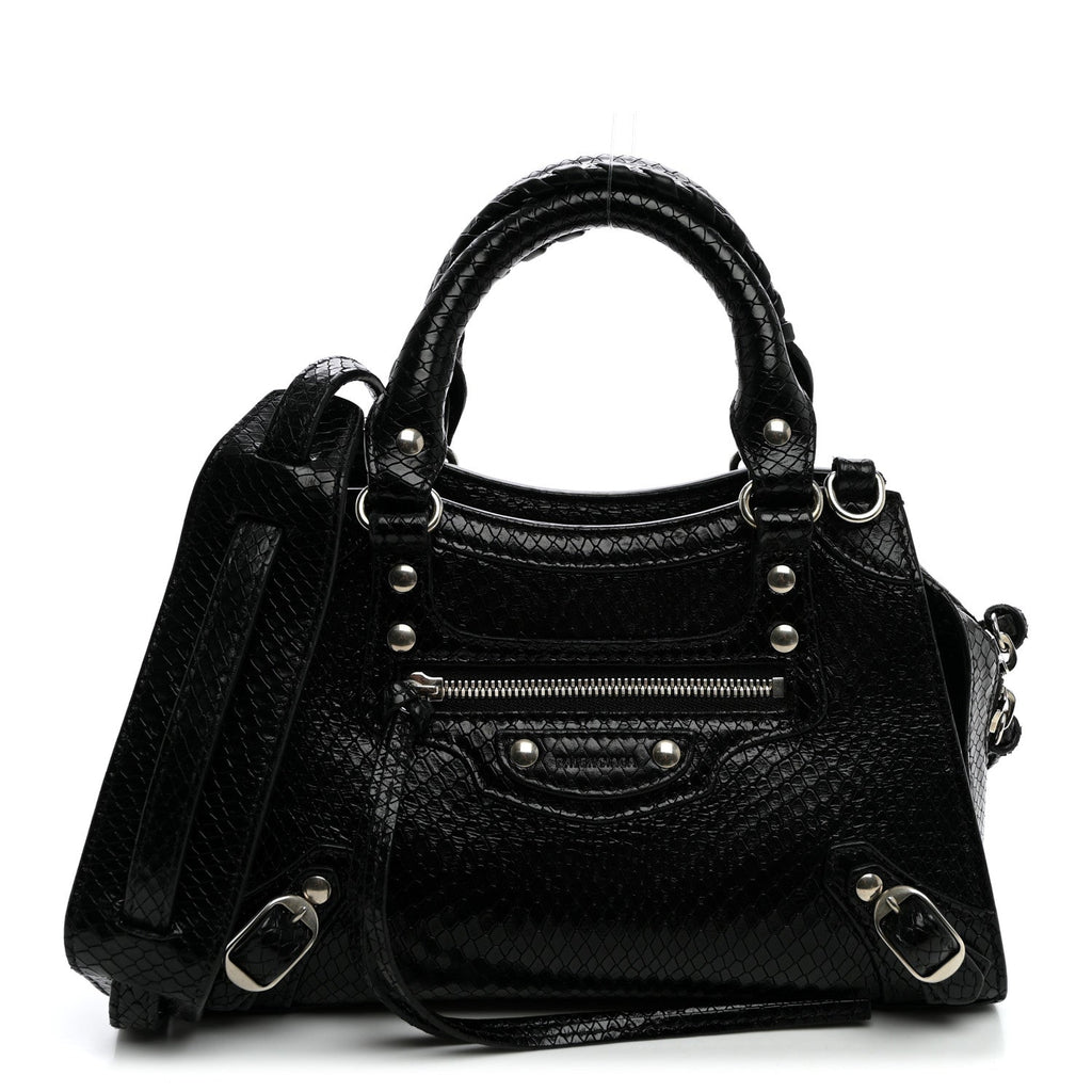 Grained Calfskin Snake Effect Silver Hardware Neo Classic Mini City Black