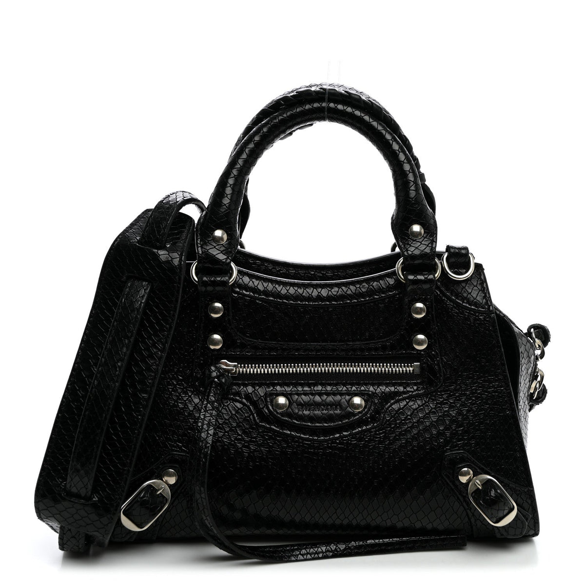 Grained Calfskin Snake Effect Silver Hardware Neo Classic Mini City Black