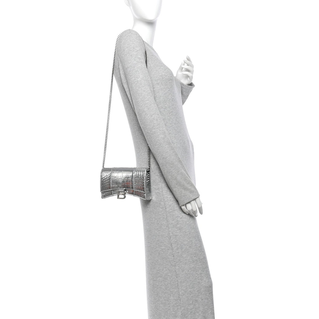 Metallic Calfskin Crocodile Embossed Hourglass Chain Bag Silver