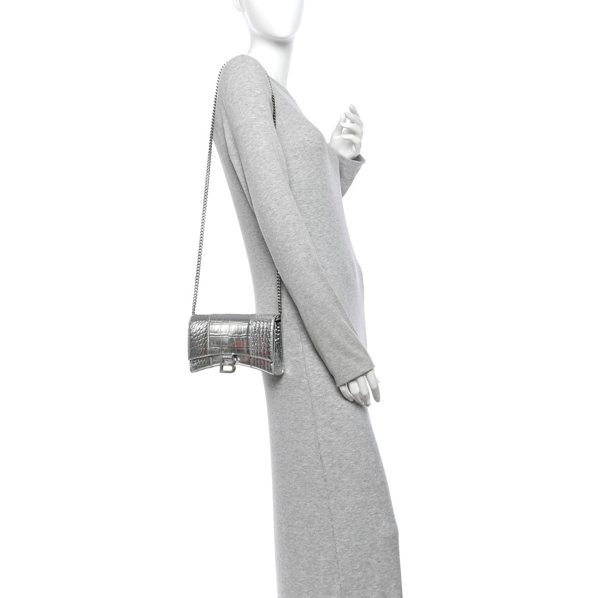 Metallic Calfskin Crocodile Embossed Hourglass Chain Bag Silver