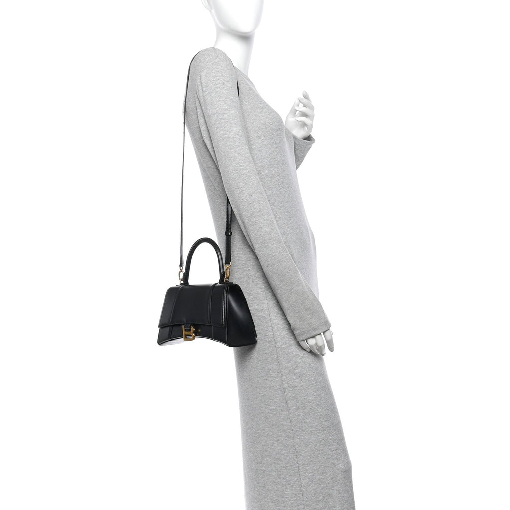 Shiny Box Calfskin Small Hourglass Top Handle Bag Black
