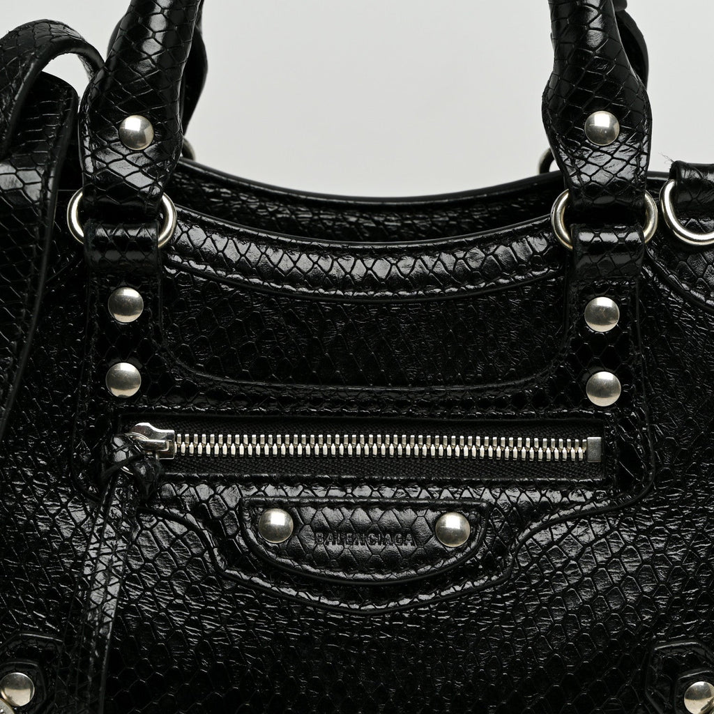 Grained Calfskin Snake Effect Silver Hardware Neo Classic Mini City Black
