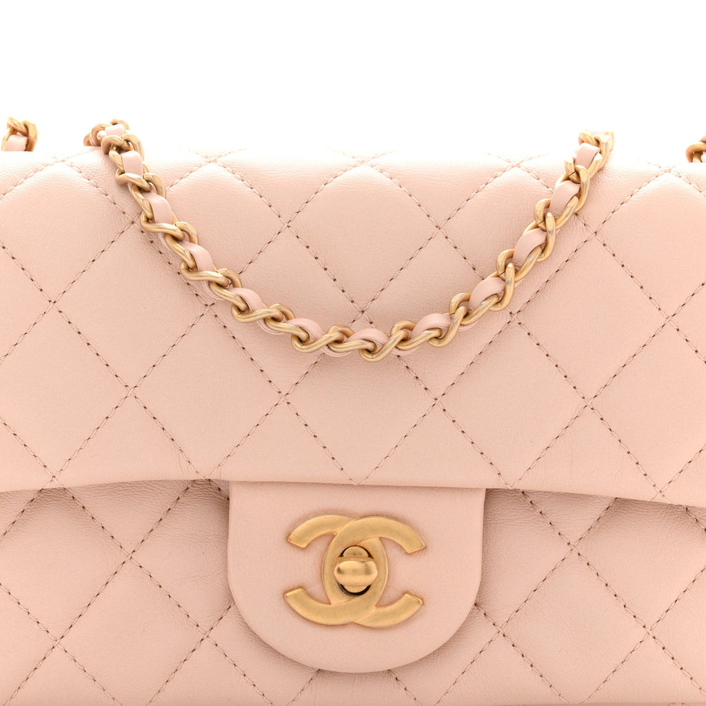 Lambskin Quilted Mini Rectangular Pearl Crush Flap Light Beige