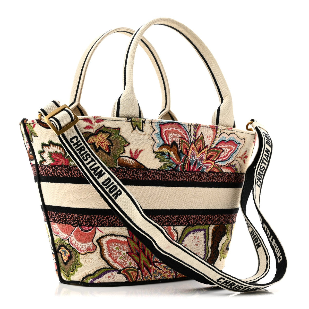 Canvas Embroidered Floral Panier Chapeau Tote White Multicolor