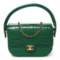 Crocodile Embossed Calfskin Turn Around Mini Flap Bag With Top Handle  Green