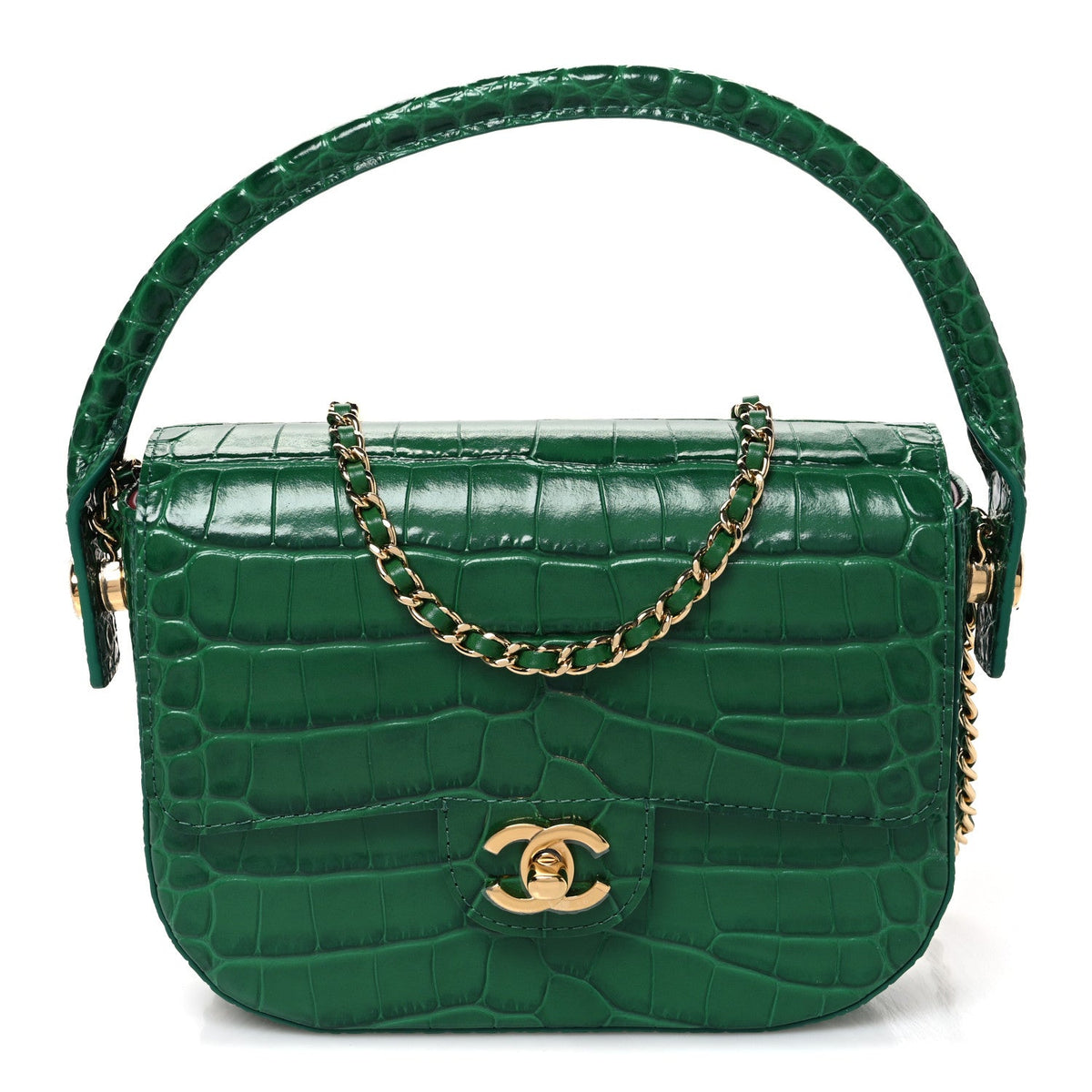 Crocodile Embossed Calfskin Turn Around Mini Flap Bag With Top Handle  Green