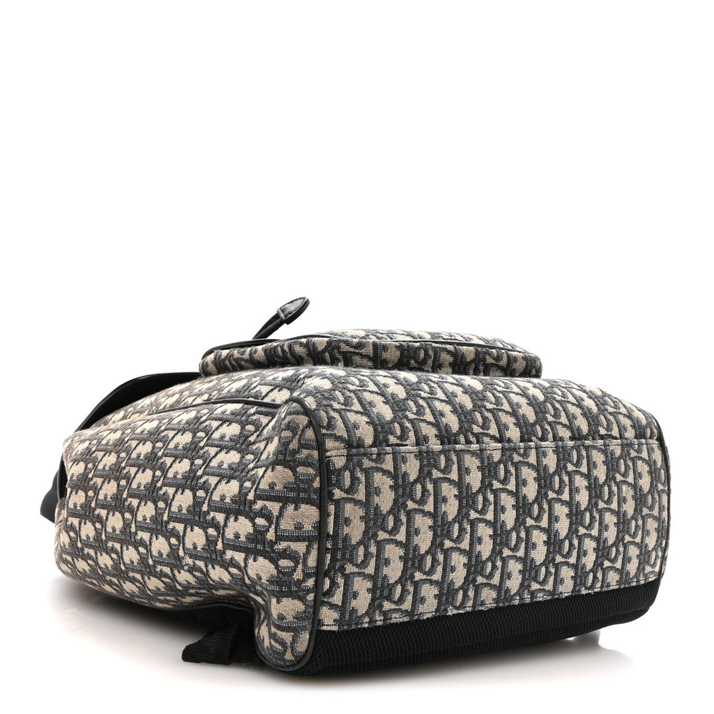 Oblique Jacquard Grained Calfskin Drawstring Saddle Backpack Beige Black