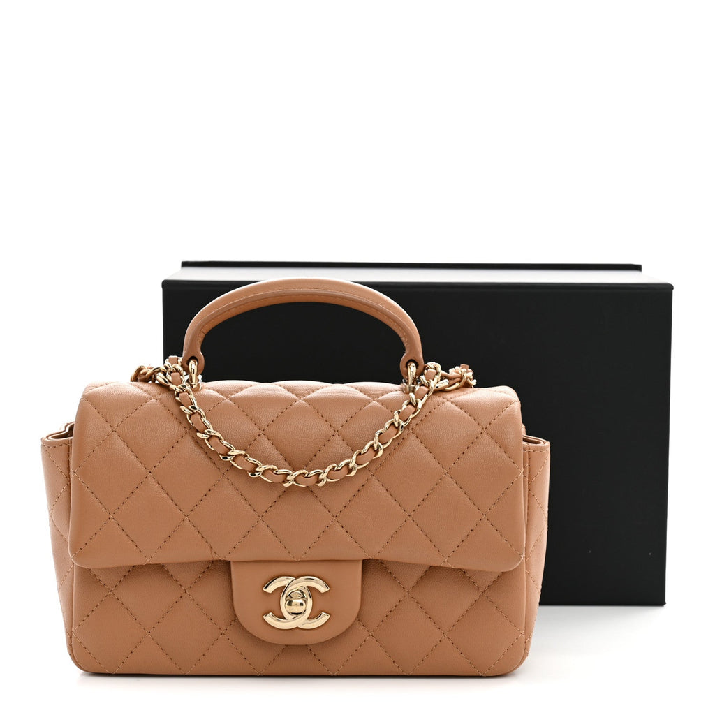 Lambskin Quilted Mini Top Handle Rectangular Flap Dark Beige
