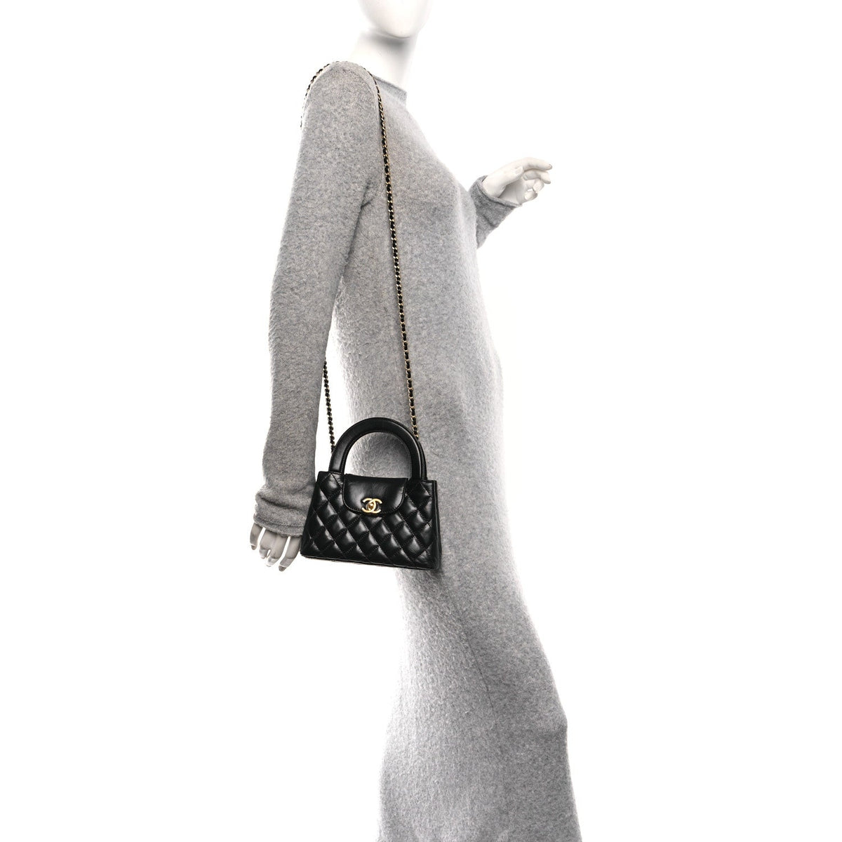 Shiny Aged Calfskin Quilted Nano Kelly Shopper Black