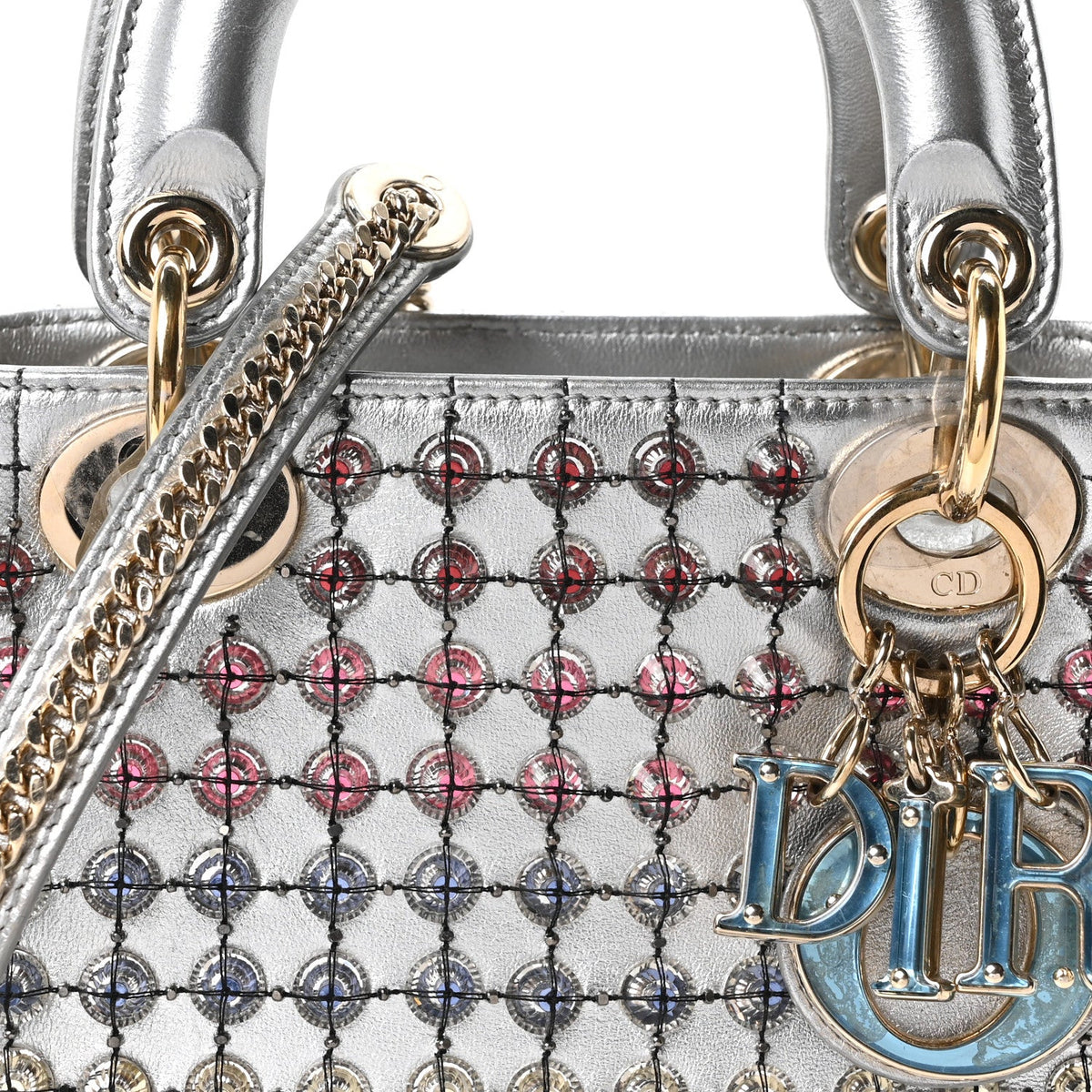 Metallic Calfskin Satin Celestial Bead Embroidery Cannage Mini Lady Dior Silver
