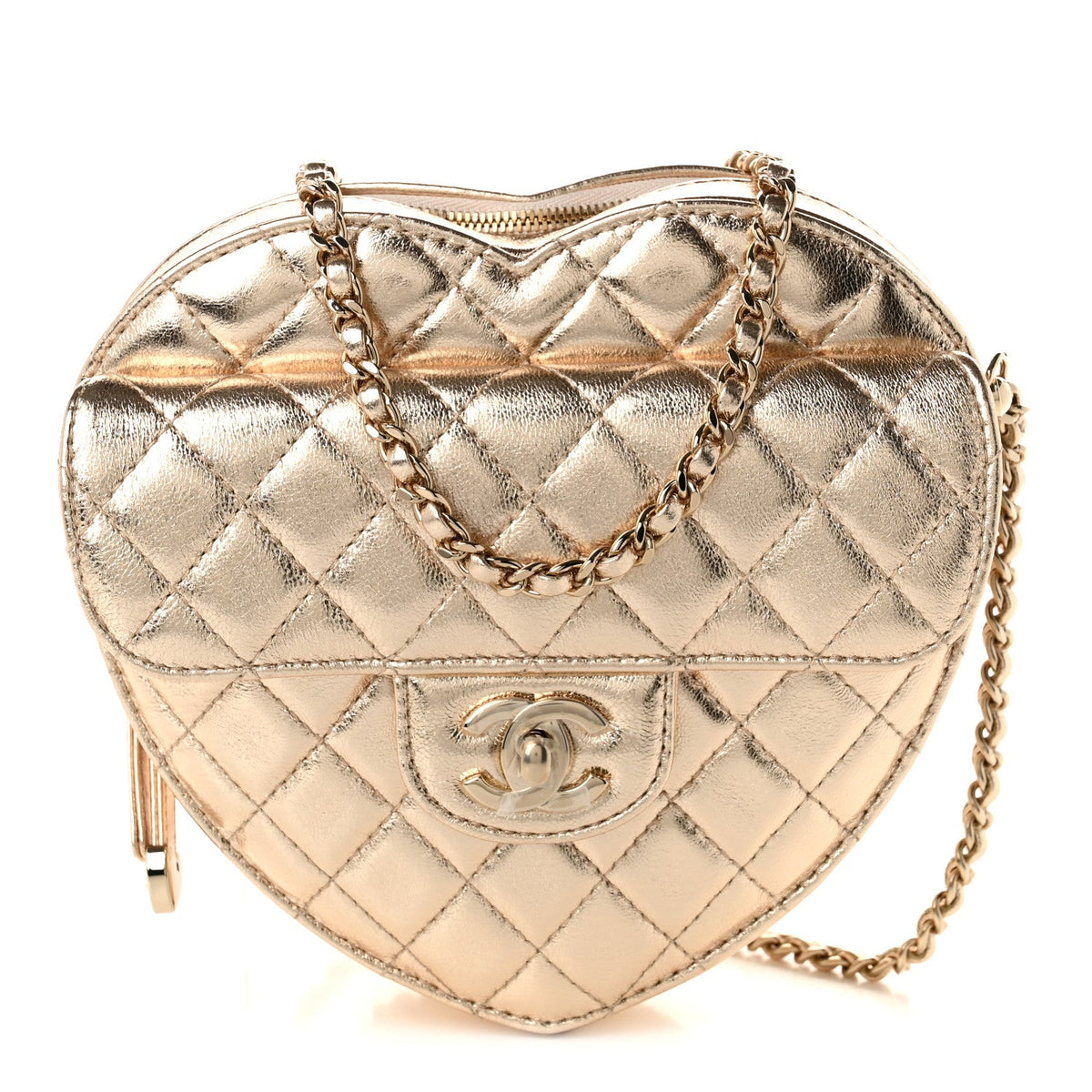 Metallic Lambskin Quilted Large CC In Love Heart Bag Gold