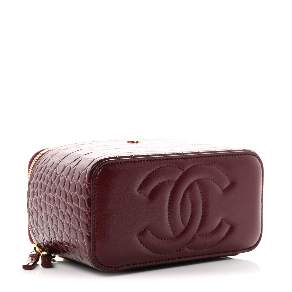 Calfskin Crocodile Embossed Crococo Small Top Handle Vanity Case With Chain Dark Burgundy