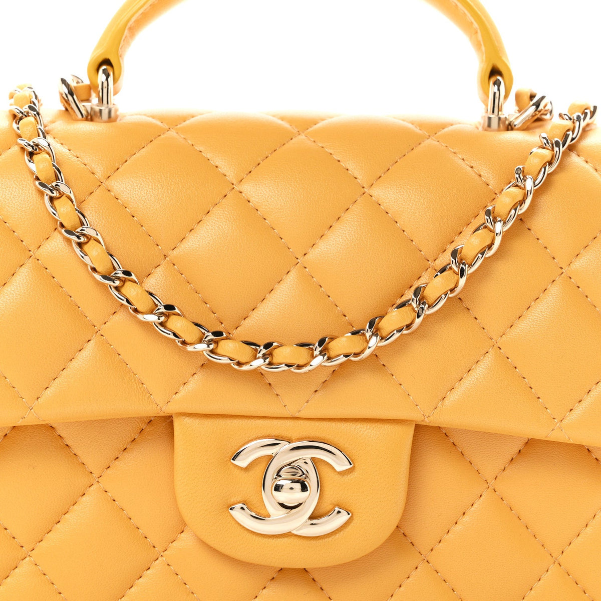 Lambskin Quilted Mini Top Handle Rectangular Flap Yellow