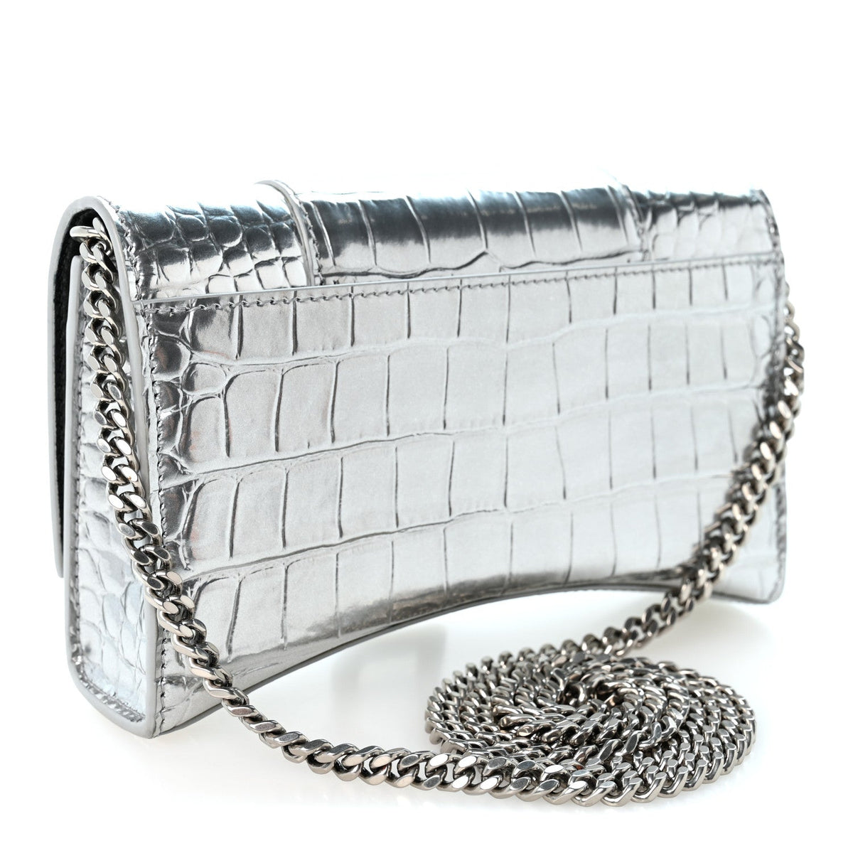 Metallic Calfskin Crocodile Embossed Hourglass Chain Bag Silver
