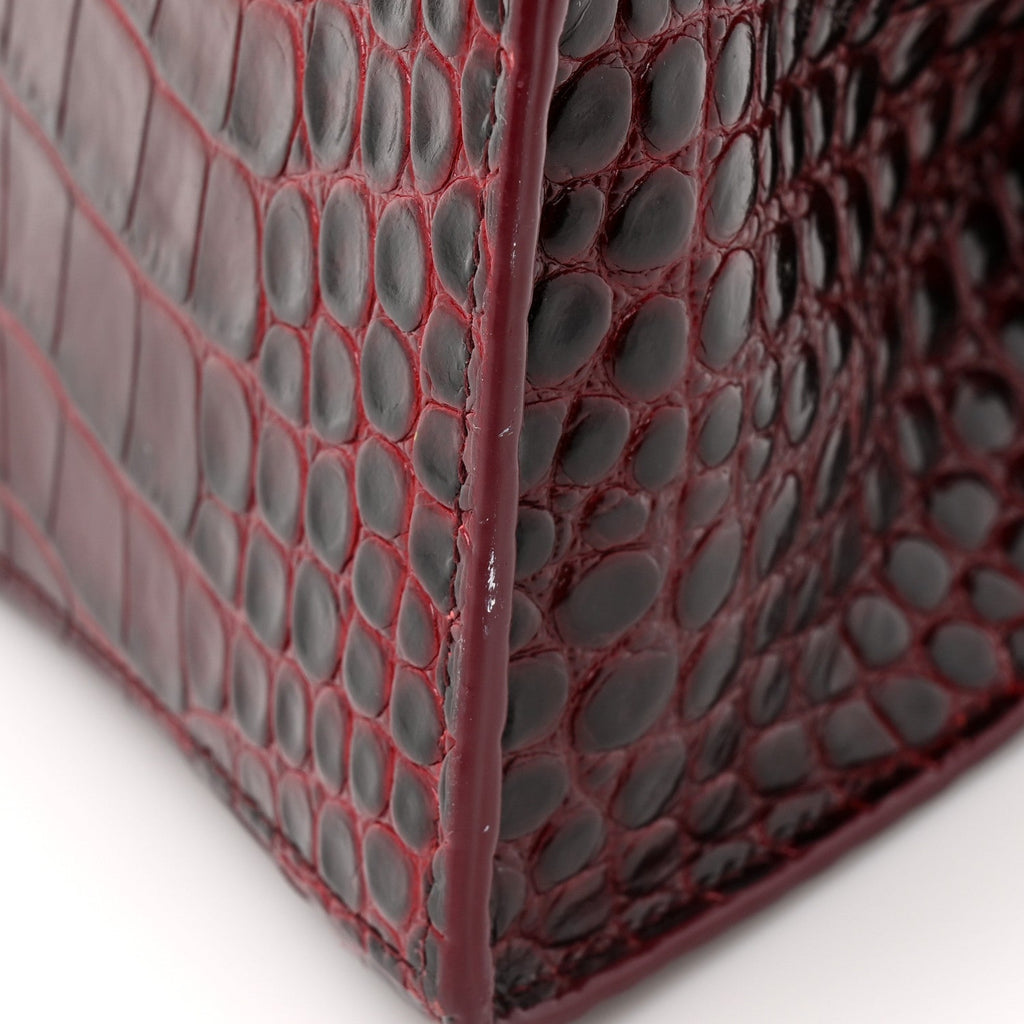Shiny Calfskin Crocodile Embossed Small Hourglass Top Handle Bag Dark Red