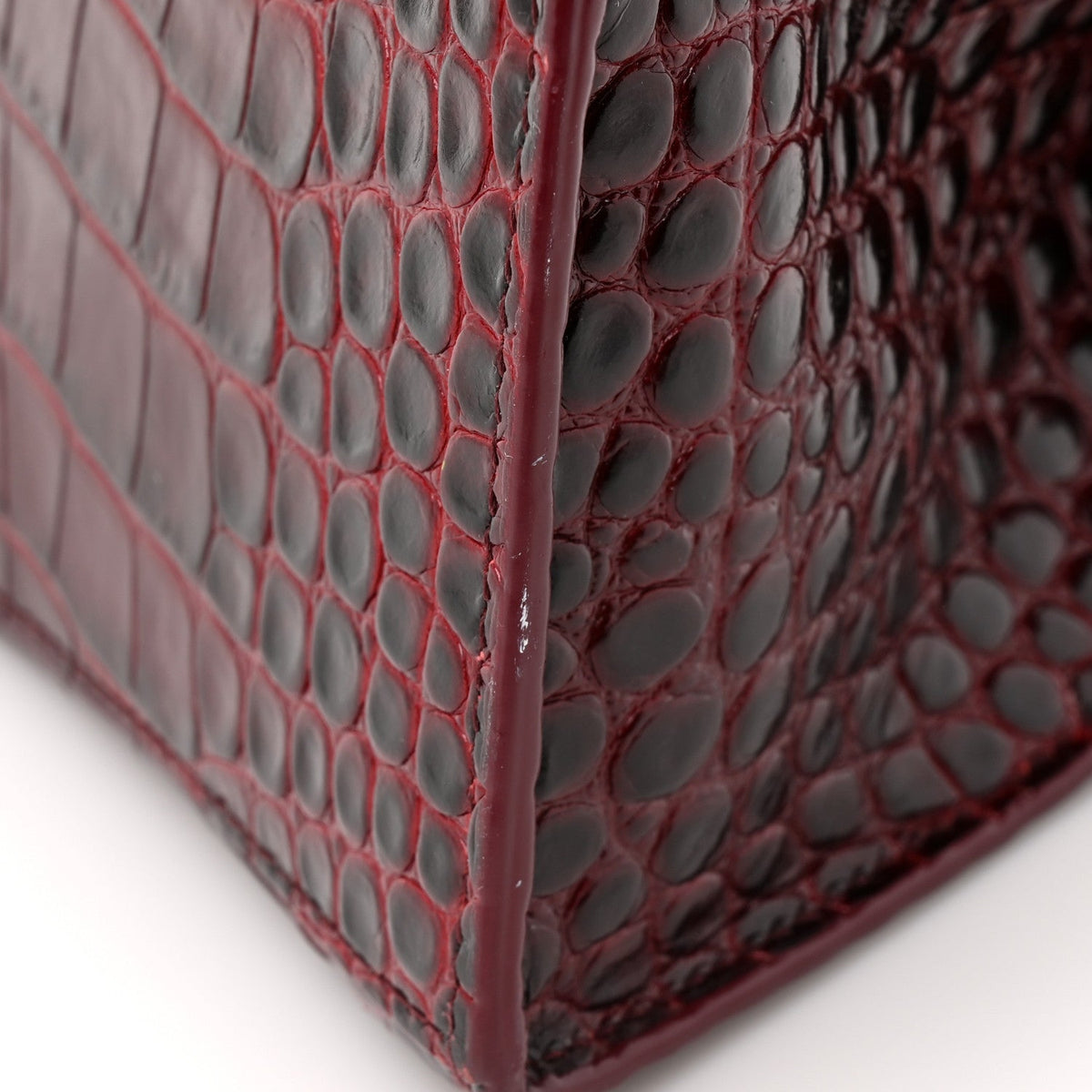 Shiny Calfskin Crocodile Embossed Small Hourglass Top Handle Bag Dark Red