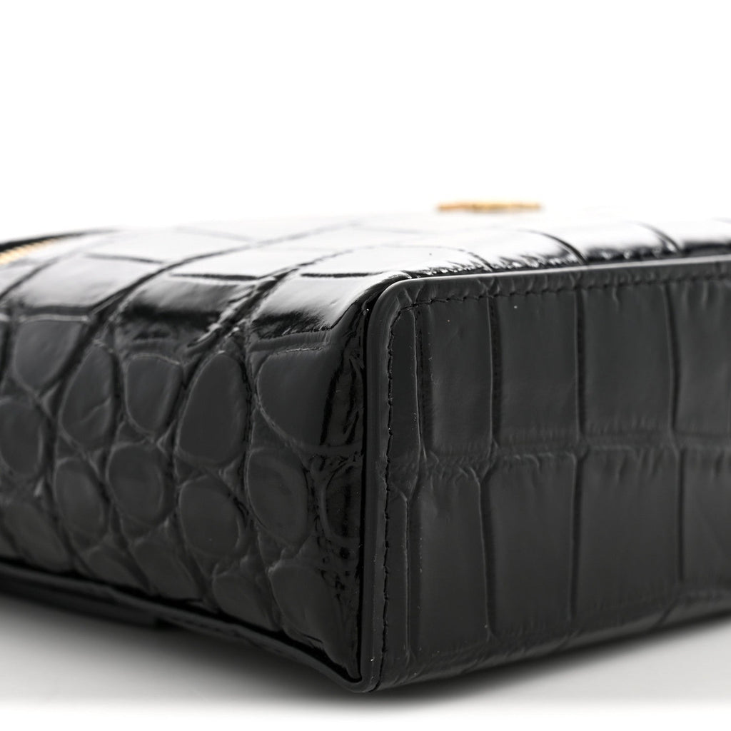 Calfskin Crocodile Embossed Slim Vanity Case With Chain  Black