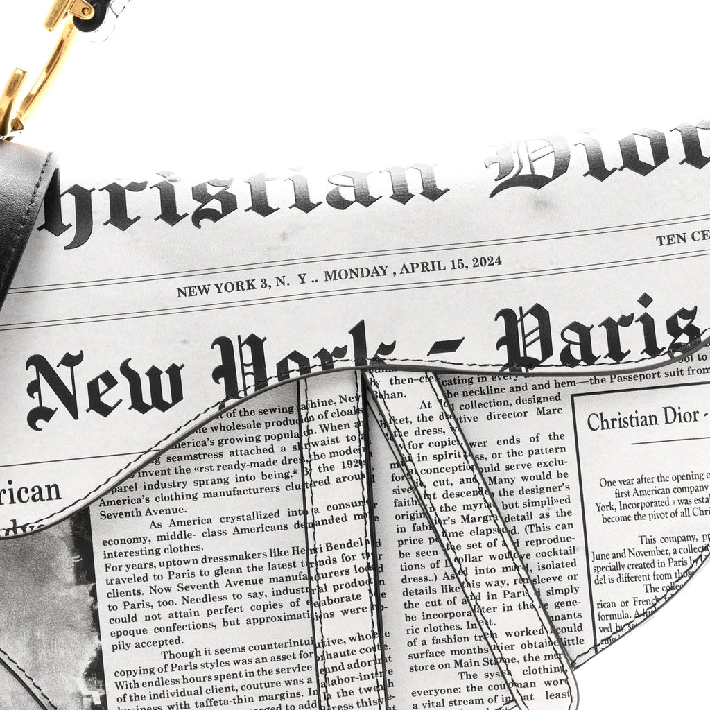 Calfskin Newspaper Printed Saddle Bag With Strap Black White