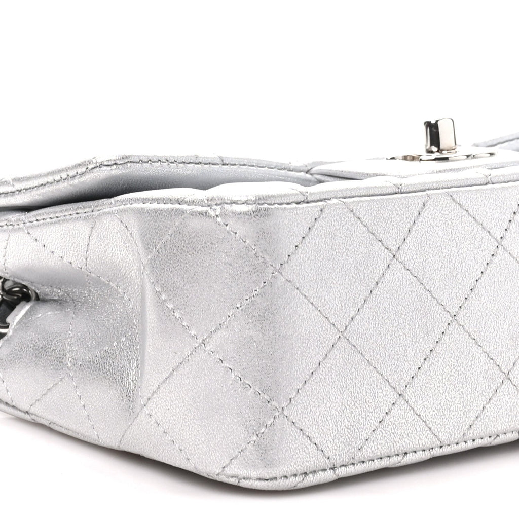 Metallic Lambskin Quilted Mini Rectangular Flap Silver
