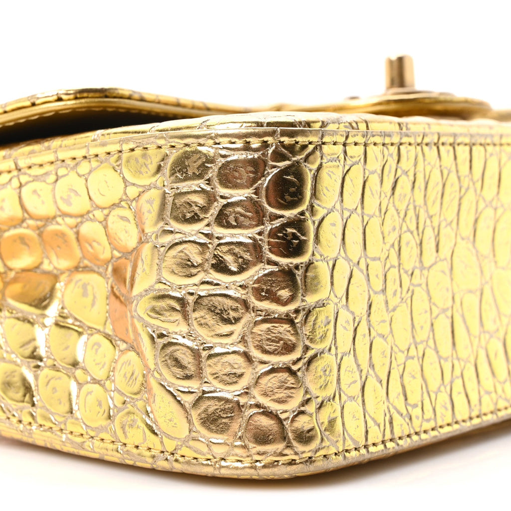 Metallic Calfskin Crocodile Embossed Cocodile Rectangular Mini Flap Gold