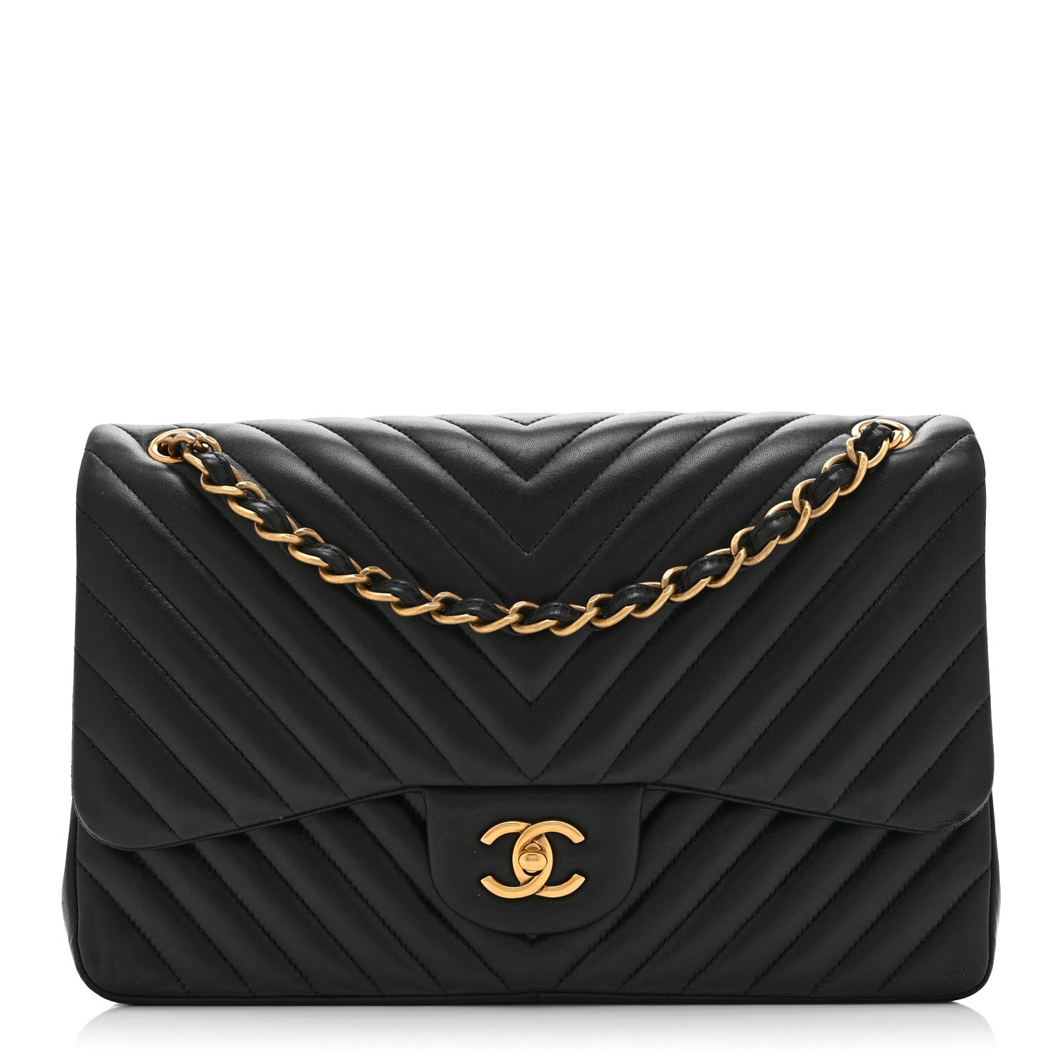 Lambskin Chevron Quilted Jumbo Double Flap Black