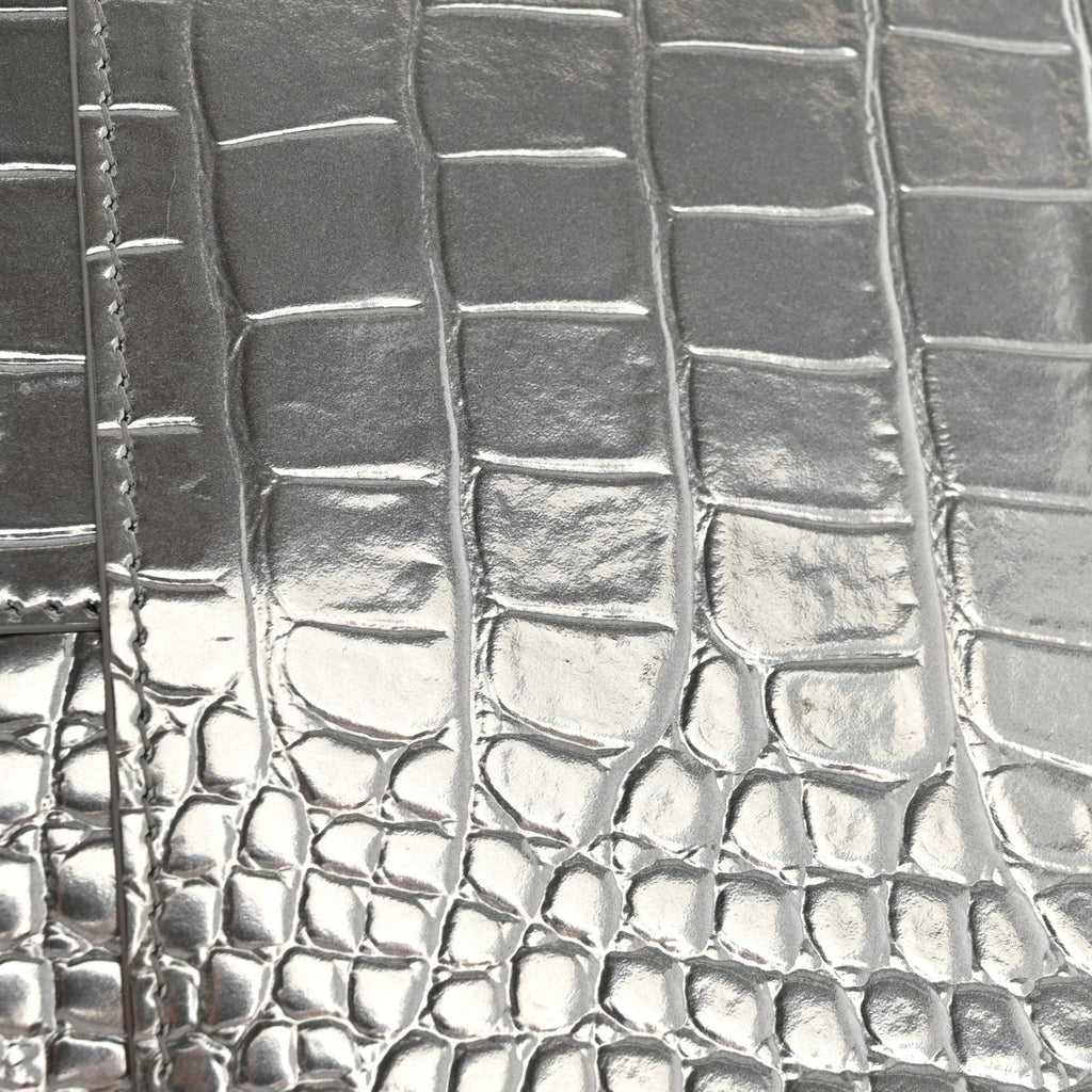 Metallic Calfskin Crocodile Embossed Hourglass Flap Flat Pouch Silver